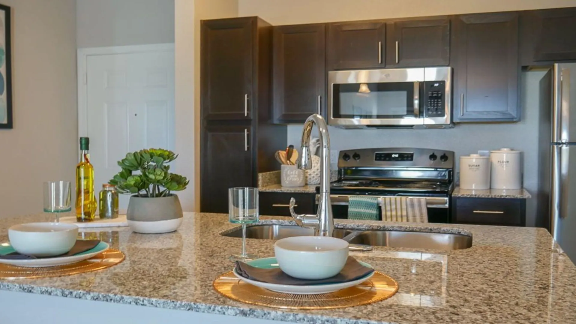 kitchen with granite countertops and stainless steel appliances at The Biltmore at  Park